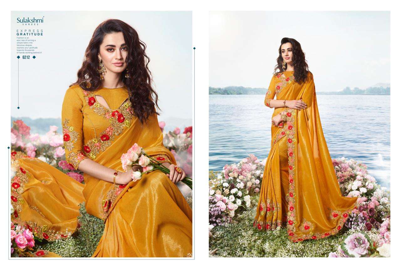 AAKASHI BY SULAKSHMI 6201 TO 6214 SERIES INDIAN TRADITIONAL WEAR COLLECTION BEAUTIFUL STYLISH FANCY COLORFUL PARTY WEAR & OCCASIONAL WEAR FANCY EMBROIDERED SAREES AT WHOLESALE PRICE