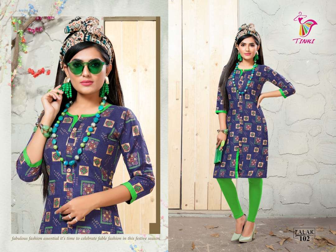 ZALAK BY TINKI 101 TO 108 SERIES STYLISH FANCY BEAUTIFUL COLORFUL CASUAL WEAR & ETHNIC WEAR COTTON TWO TONE PRINTED KURTIS AT WHOLESALE PRICE