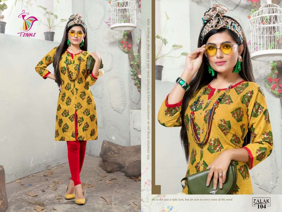 ZALAK BY TINKI 101 TO 108 SERIES STYLISH FANCY BEAUTIFUL COLORFUL CASUAL WEAR & ETHNIC WEAR COTTON TWO TONE PRINTED KURTIS AT WHOLESALE PRICE