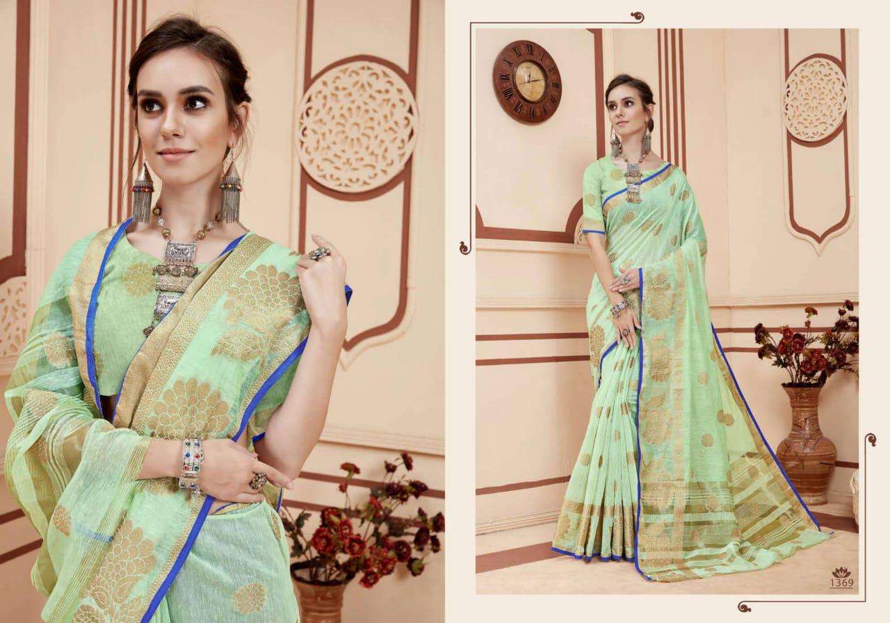 SARA BY VRANDA FASHION 1369 TO 1376 SERIES INDIAN TRADITIONAL WEAR COLLECTION BEAUTIFUL STYLISH FANCY COLORFUL PARTY WEAR & OCCASIONAL WEAR BANARASI COTTON SILK SAREES AT WHOLESALE PRICE