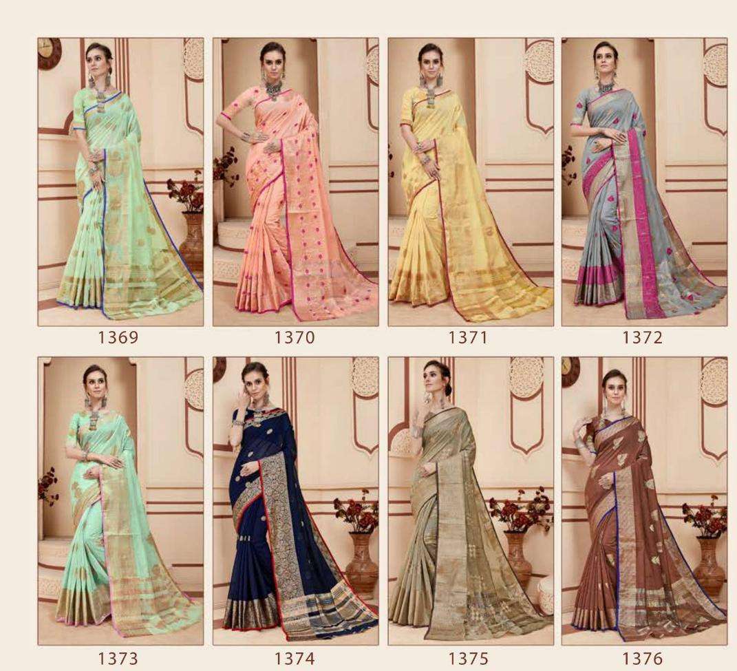 SARA BY VRANDA FASHION 1369 TO 1376 SERIES INDIAN TRADITIONAL WEAR COLLECTION BEAUTIFUL STYLISH FANCY COLORFUL PARTY WEAR & OCCASIONAL WEAR BANARASI COTTON SILK SAREES AT WHOLESALE PRICE