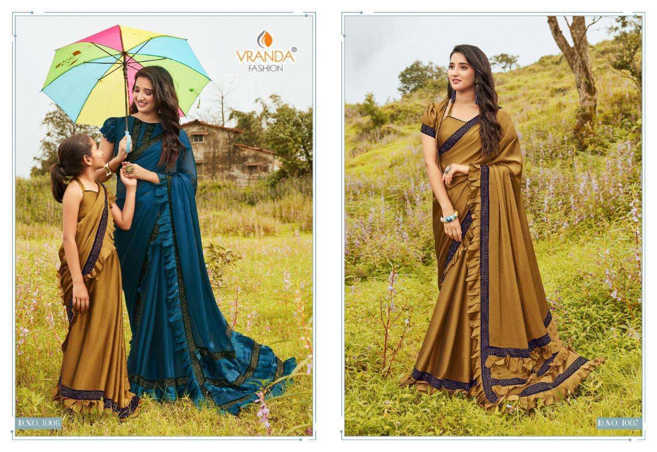 INDIAN GIRL BY VRANDA FASHION 1001 TO 1008 SERIES INDIAN TRADITIONAL WEAR COLLECTION BEAUTIFUL STYLISH FANCY COLORFUL PARTY WEAR & OCCASIONAL WEAR BARIFI SAREES AT WHOLESALE PRICE