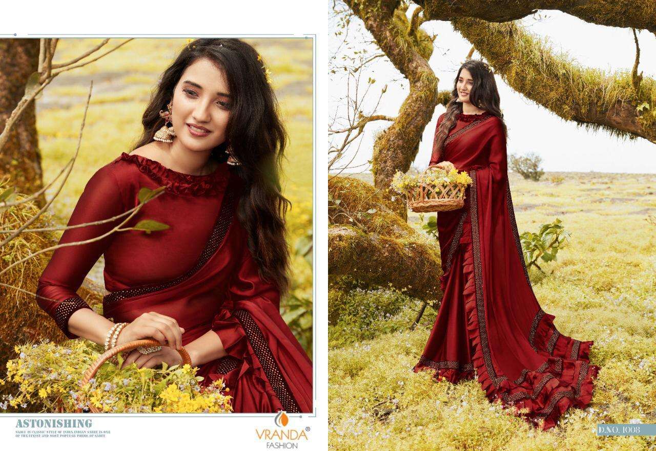 INDIAN GIRL BY VRANDA FASHION 1001 TO 1008 SERIES INDIAN TRADITIONAL WEAR COLLECTION BEAUTIFUL STYLISH FANCY COLORFUL PARTY WEAR & OCCASIONAL WEAR BARIFI SAREES AT WHOLESALE PRICE