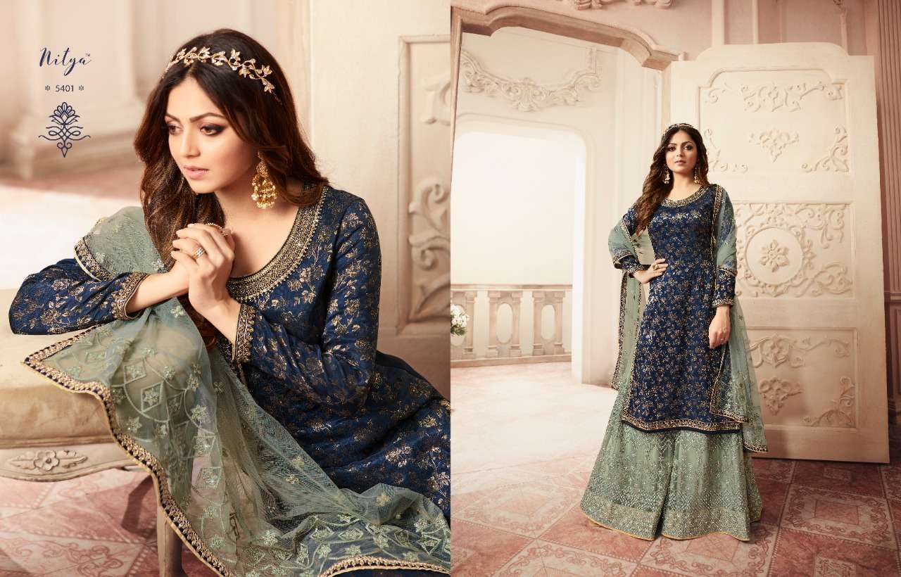NITYA VOL-154 BY LT FABRICS 5401 TO 5407 SERIES DESIGNER SHARARA SUITS COLLECTION BEAUTIFUL STYLISH FANCY COLORFUL PARTY WEAR & OCCASIONAL WEAR DOLA JACQUARD EMBROIDERY DRESSES AT WHOLESALE PRICE
