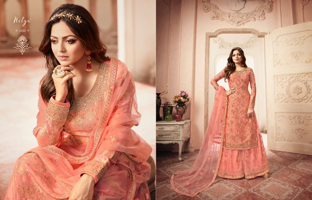 NITYA VOL-154 BY LT FABRICS 5401 TO 5407 SERIES DESIGNER SHARARA SUITS COLLECTION BEAUTIFUL STYLISH FANCY COLORFUL PARTY WEAR & OCCASIONAL WEAR DOLA JACQUARD EMBROIDERY DRESSES AT WHOLESALE PRICE