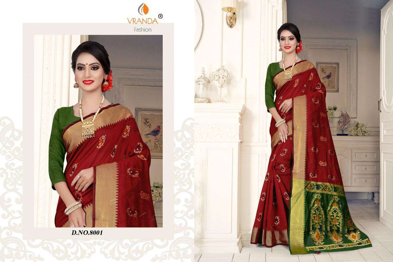 VRANDA 8001 SERIES BY VRANDA FASHION 8001 TO 8006 SERIES INDIAN TRADITIONAL WEAR COLLECTION BEAUTIFUL STYLISH FANCY COLORFUL PARTY WEAR & OCCASIONAL WEAR BANARASI SILK WITH ZARI SAREES AT WHOLESALE PRICE