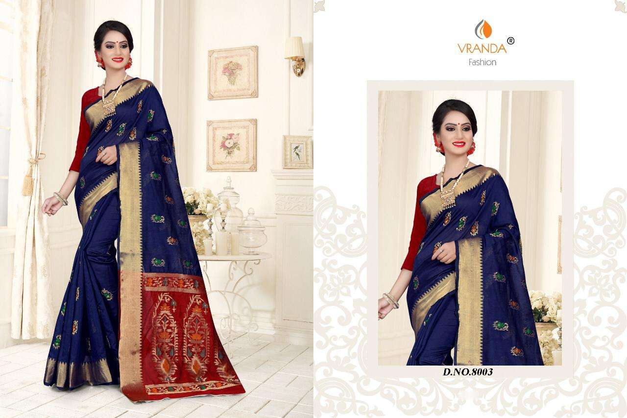 VRANDA 8001 SERIES BY VRANDA FASHION 8001 TO 8006 SERIES INDIAN TRADITIONAL WEAR COLLECTION BEAUTIFUL STYLISH FANCY COLORFUL PARTY WEAR & OCCASIONAL WEAR BANARASI SILK WITH ZARI SAREES AT WHOLESALE PRICE