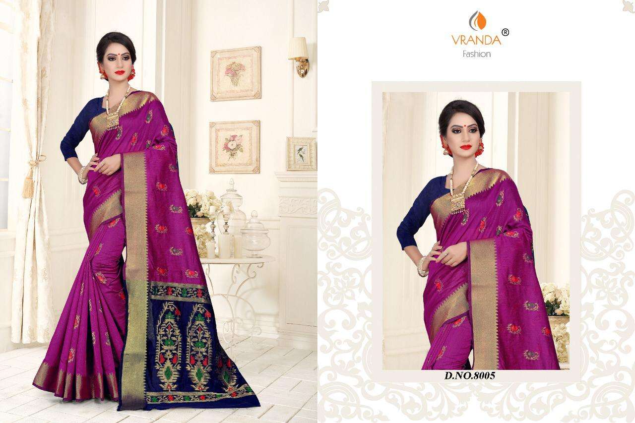 VRANDA 8001 SERIES BY VRANDA FASHION 8001 TO 8006 SERIES INDIAN TRADITIONAL WEAR COLLECTION BEAUTIFUL STYLISH FANCY COLORFUL PARTY WEAR & OCCASIONAL WEAR BANARASI SILK WITH ZARI SAREES AT WHOLESALE PRICE