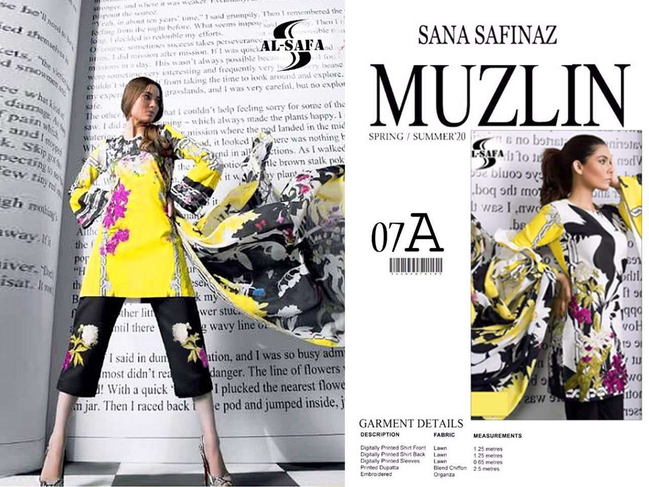 SANA SAFINAZ MUZLIN COLLECTION BY AL-SAFA 07-A TO 07-B SERIES PAKISTANI SUITS BEAUTIFUL FANCY COLORFUL STYLISH PARTY WEAR & OCCASIONAL WEAR PURE COTTON PRINTED WITH EMBROIDERY DRESSES AT WHOLESALE PRICE