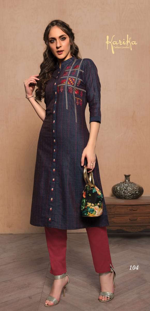 INDIGO BY KARTIKA FASHIONS 101 TO 104 SERIES BEAUTIFUL STYLISH FANCY COLORFUL CASUAL WEAR & ETHNIC WEAR & READY TO WEAR COTTON HANDLOOM EMBROIDERED KURTIS AT WHOLESALE PRICE