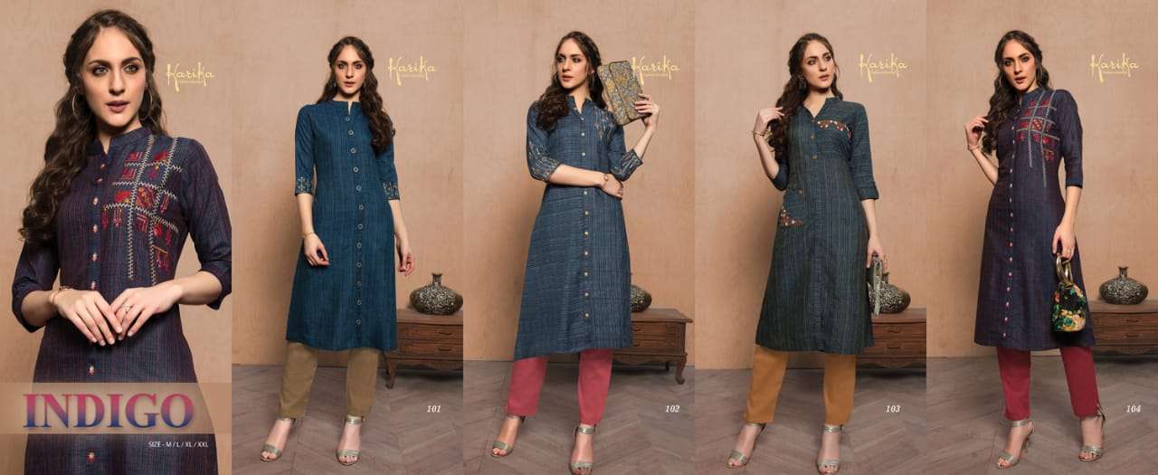 INDIGO BY KARTIKA FASHIONS 101 TO 104 SERIES BEAUTIFUL STYLISH FANCY COLORFUL CASUAL WEAR & ETHNIC WEAR & READY TO WEAR COTTON HANDLOOM EMBROIDERED KURTIS AT WHOLESALE PRICE