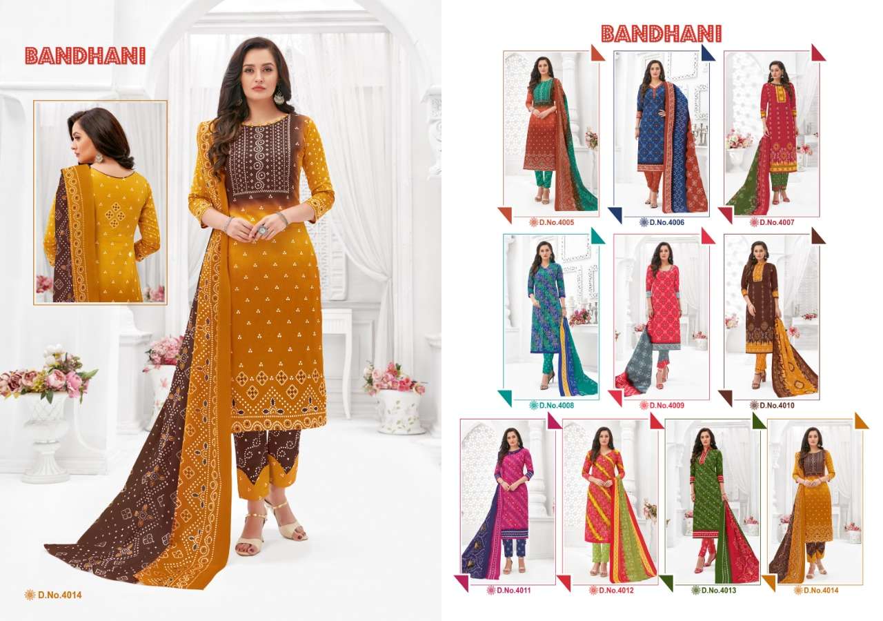 BANDHANI VOL-4 BY GANESHA 4005 TO 4014 SERIES BEAUTIFUL SUITS STYLISH FANCY COLORFUL PARTY WEAR & OCCASIONAL WEAR PUER COTTON PRINTED DRESSES AT WHOLESALE PRICE