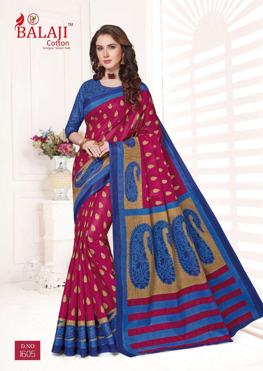 LEELAVATHI VOL-6 BY BALAJI COTTON 1601 TO 1630 SERIES INDIAN TRADITIONAL WEAR COLLECTION BEAUTIFUL STYLISH FANCY COLORFUL PARTY WEAR & OCCASIONAL WEAR COTTON SAREE WITH B.P SAREES AT WHOLESALE PRICE