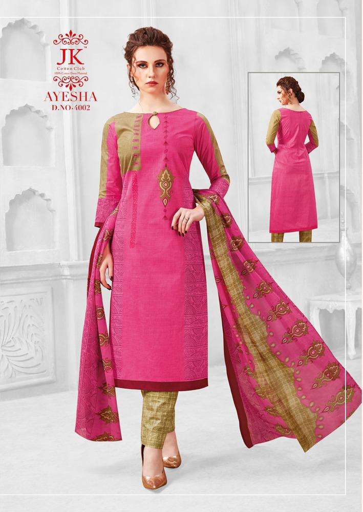 AYESHA VOL-4 BY JK COTTON CLUB 4001 TO 4010 SERIES BEAUTIFUL SUITS STYLISH FANCY COLORFUL PARTY WEAR & OCCASIONAL WEAR COTTON PRINTED DRESSES AT WHOLESALE PRICE