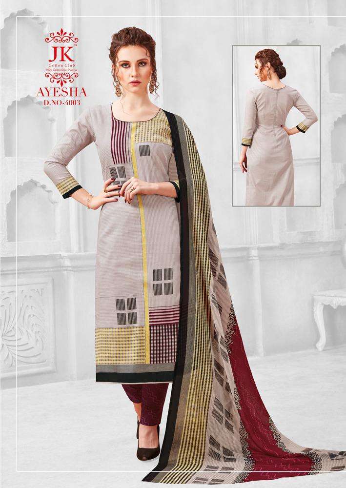 AYESHA VOL-4 BY JK COTTON CLUB 4001 TO 4010 SERIES BEAUTIFUL SUITS STYLISH FANCY COLORFUL PARTY WEAR & OCCASIONAL WEAR COTTON PRINTED DRESSES AT WHOLESALE PRICE