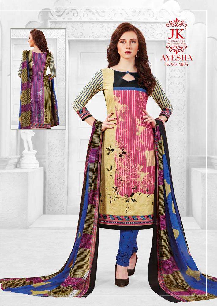 AYESHA VOL-4 BY JK COTTON CLUB 4001 TO 4010 SERIES BEAUTIFUL SUITS STYLISH FANCY COLORFUL PARTY WEAR & OCCASIONAL WEAR COTTON PRINTED DRESSES AT WHOLESALE PRICE