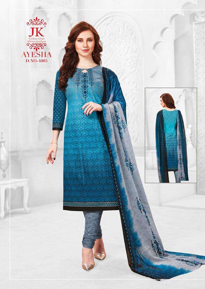 AYESHA VOL-4 BY JK COTTON CLUB 4001 TO 4010 SERIES BEAUTIFUL SUITS STYLISH FANCY COLORFUL PARTY WEAR & OCCASIONAL WEAR COTTON PRINTED DRESSES AT WHOLESALE PRICE