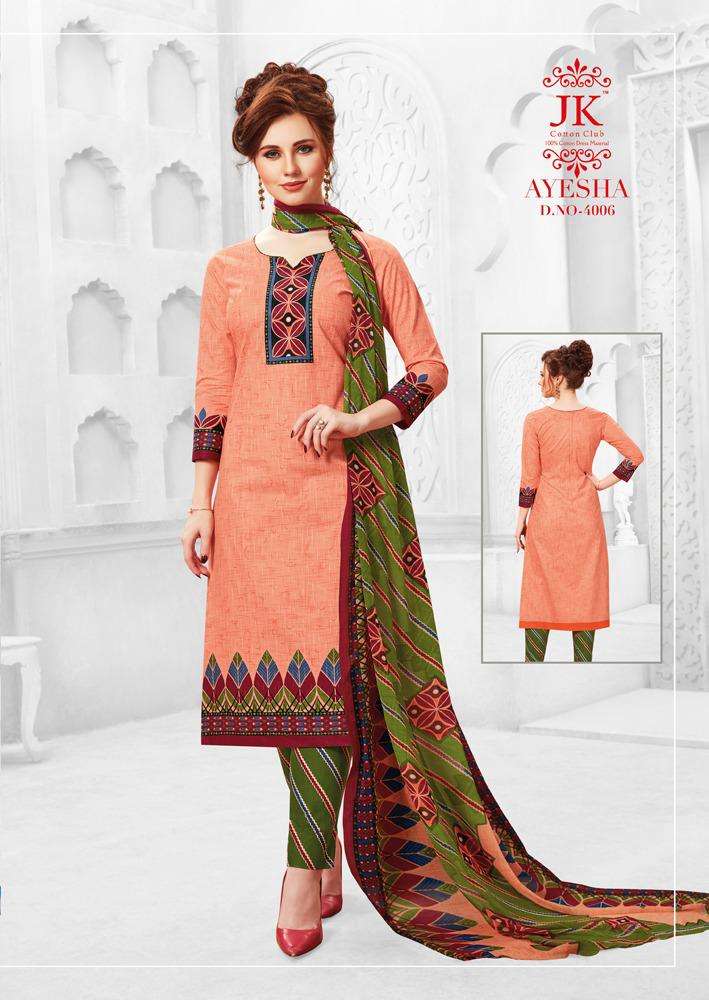 AYESHA VOL-4 BY JK COTTON CLUB 4001 TO 4010 SERIES BEAUTIFUL SUITS STYLISH FANCY COLORFUL PARTY WEAR & OCCASIONAL WEAR COTTON PRINTED DRESSES AT WHOLESALE PRICE