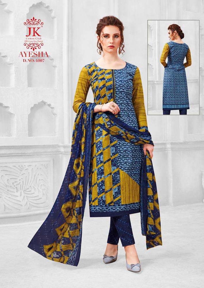 AYESHA VOL-4 BY JK COTTON CLUB 4001 TO 4010 SERIES BEAUTIFUL SUITS STYLISH FANCY COLORFUL PARTY WEAR & OCCASIONAL WEAR COTTON PRINTED DRESSES AT WHOLESALE PRICE
