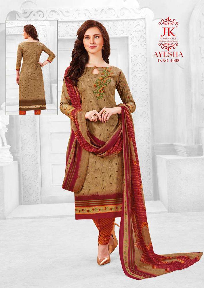 AYESHA VOL-4 BY JK COTTON CLUB 4001 TO 4010 SERIES BEAUTIFUL SUITS STYLISH FANCY COLORFUL PARTY WEAR & OCCASIONAL WEAR COTTON PRINTED DRESSES AT WHOLESALE PRICE