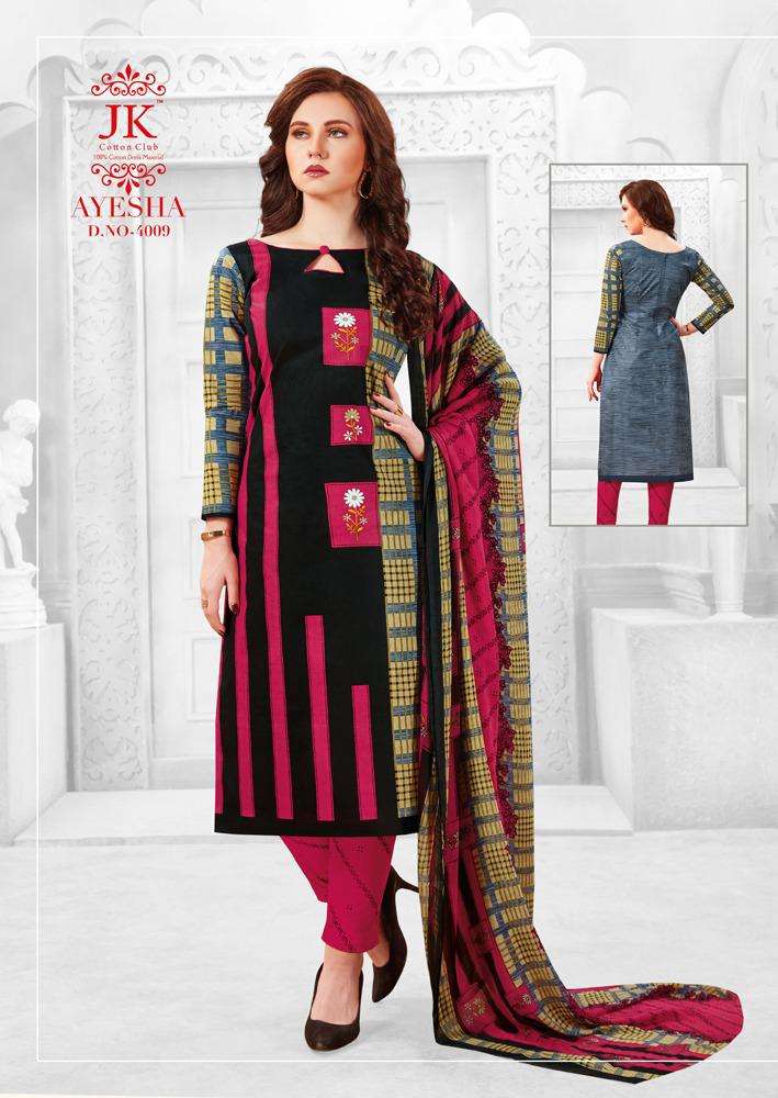 AYESHA VOL-4 BY JK COTTON CLUB 4001 TO 4010 SERIES BEAUTIFUL SUITS STYLISH FANCY COLORFUL PARTY WEAR & OCCASIONAL WEAR COTTON PRINTED DRESSES AT WHOLESALE PRICE