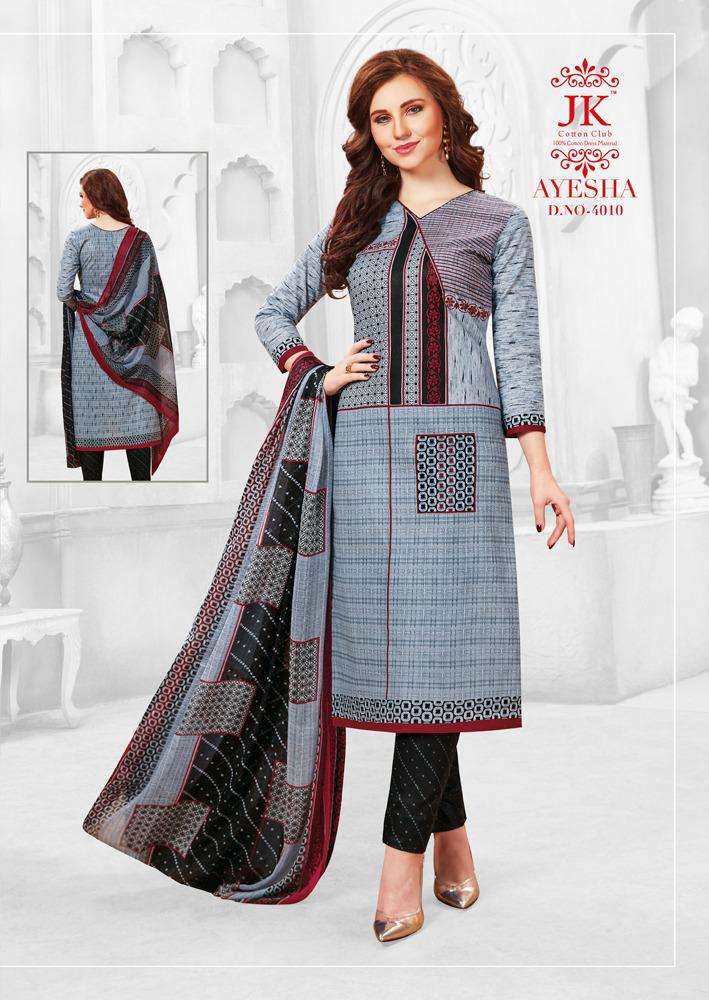 AYESHA VOL-4 BY JK COTTON CLUB 4001 TO 4010 SERIES BEAUTIFUL SUITS STYLISH FANCY COLORFUL PARTY WEAR & OCCASIONAL WEAR COTTON PRINTED DRESSES AT WHOLESALE PRICE