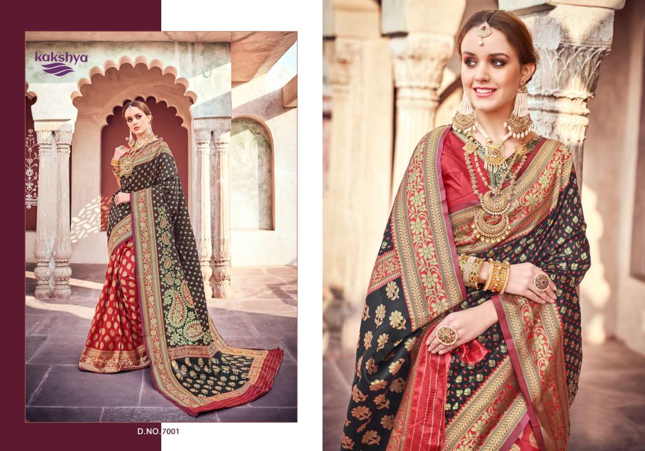 NAFISA BY KAKSHYA 7001 TO 7006 SERIES INDIAN TRADITIONAL WEAR COLLECTION BEAUTIFUL STYLISH FANCY COLORFUL PARTY WEAR & OCCASIONAL WEAR LICHI SILK SAREES AT WHOLESALE PRICE