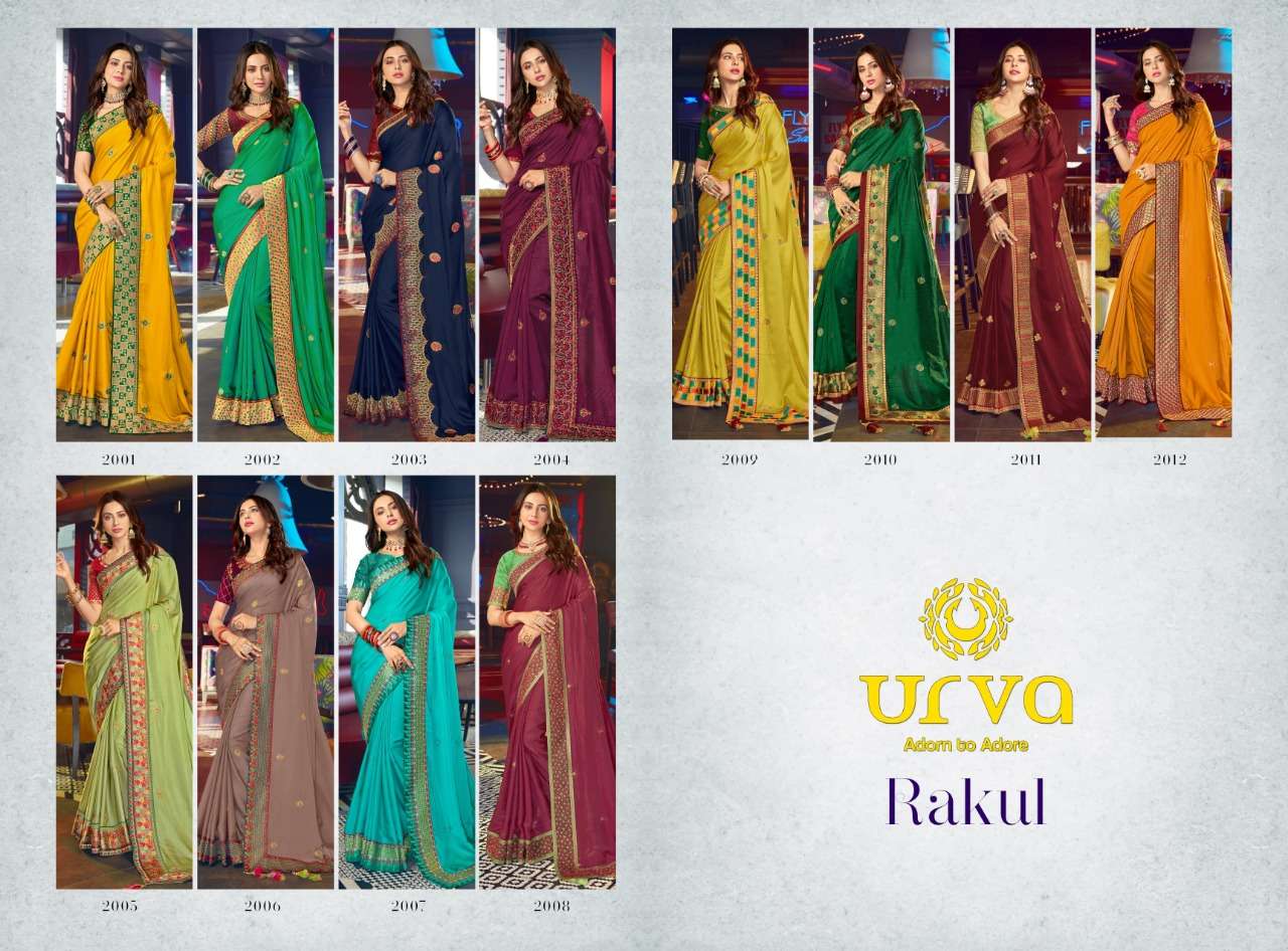 RAKUL BY URVA 2001 TO 2012 SERIES INDIAN TRADITIONAL WEAR COLLECTION BEAUTIFUL STYLISH FANCY COLORFUL PARTY WEAR & OCCASIONAL WEAR FANCY SAREES AT WHOLESALE PRICE