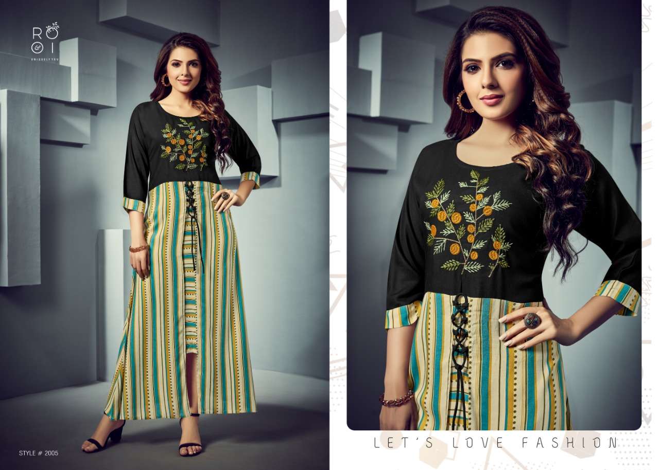FASHION SEASON BY ROOI 2001 TO 2008 SERIES BEAUTIFUL COLORFUL STYLISH FANCY CASUAL WEAR & ETHNIC WEAR & READY TO WEAR HEAVY RAYON PRINTED WITH EMBROIDERED KURTIS AT WHOLESALE PRICE