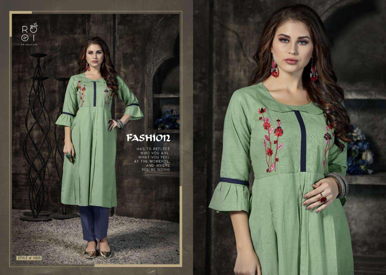 KIARA BY ROOI 1001 TO 1008 SERIES BEAUTIFUL COLORFUL STYLISH FANCY CASUAL WEAR & ETHNIC WEAR & READY TO WEAR HEAVY COTTON FLEX WITH EMBROIDERED KURTIS AT WHOLESALE PRICE