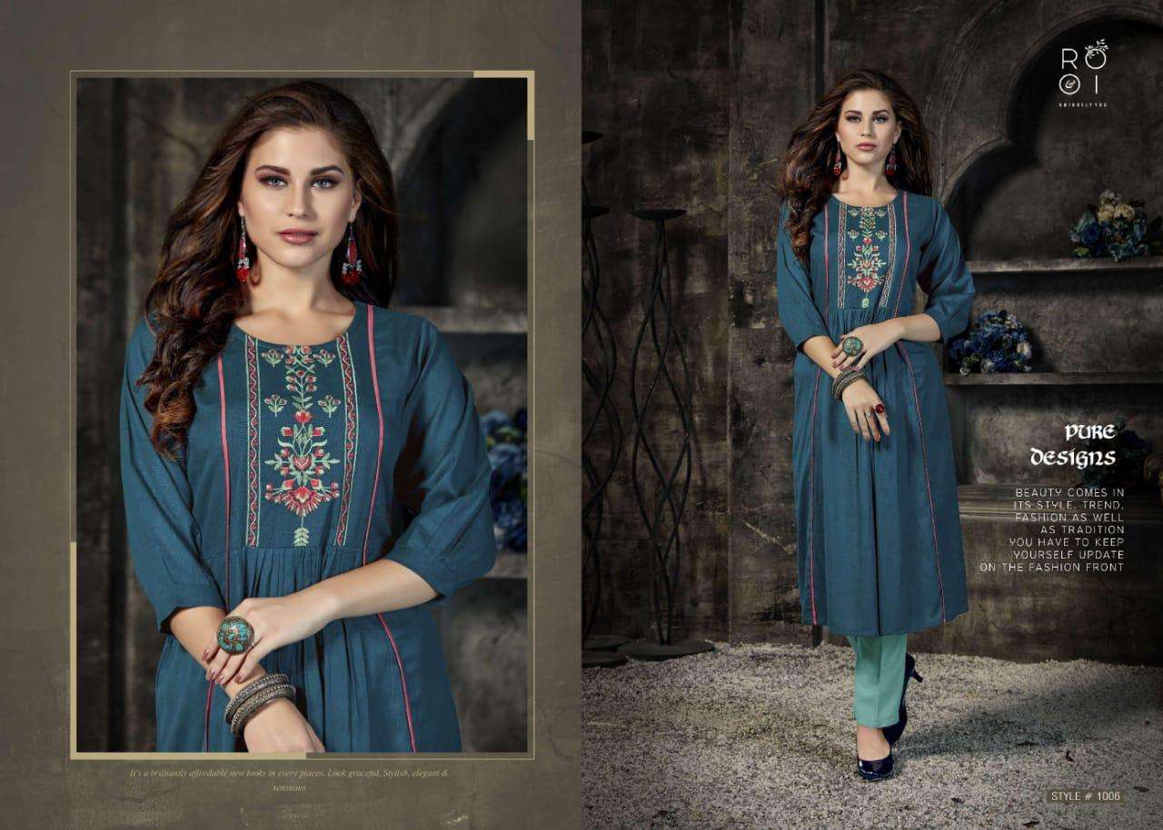 KIARA BY ROOI 1001 TO 1008 SERIES BEAUTIFUL COLORFUL STYLISH FANCY CASUAL WEAR & ETHNIC WEAR & READY TO WEAR HEAVY COTTON FLEX WITH EMBROIDERED KURTIS AT WHOLESALE PRICE