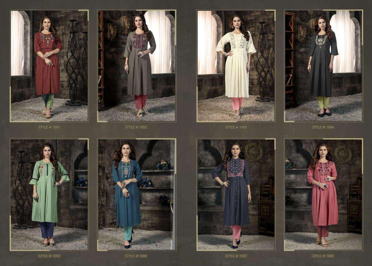 KIARA BY ROOI 1001 TO 1008 SERIES BEAUTIFUL COLORFUL STYLISH FANCY CASUAL WEAR & ETHNIC WEAR & READY TO WEAR HEAVY COTTON FLEX WITH EMBROIDERED KURTIS AT WHOLESALE PRICE