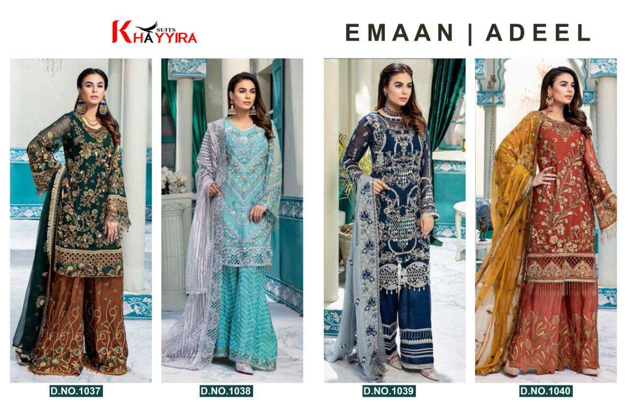 EMAAN ADEEL BY KHAYYIRA 1037 TO 1040 SERIES BEAUTIFUL PAKISTANI SUITS COLORFUL STYLISH FANCY CASUAL WEAR & ETHNIC WEAR GEORGETTE WITH EMBROIDERY DRESSES AT WHOLESALE PRICE