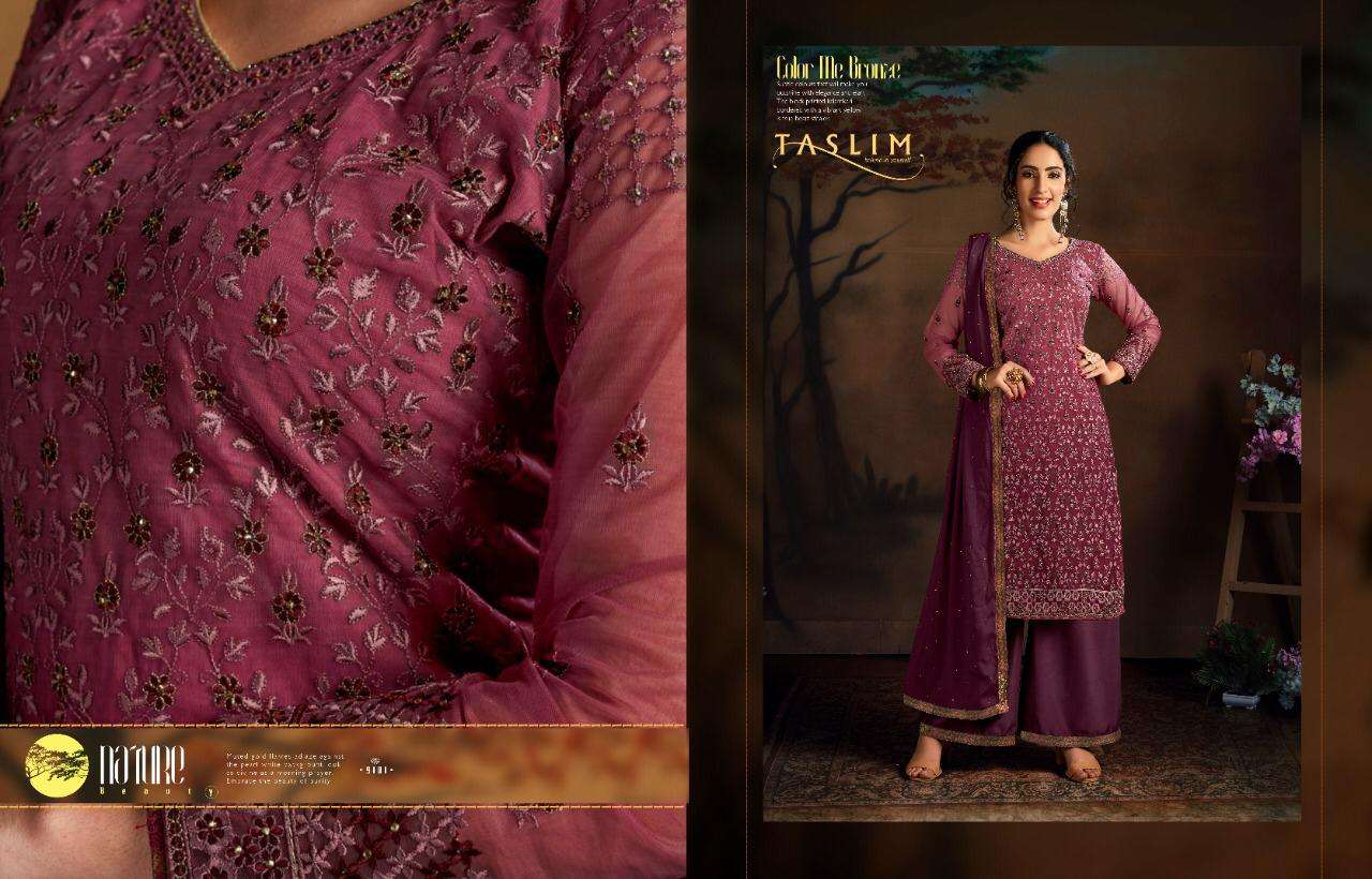 NAZAKAT BY TASLIM 9101 TO 9105 SERIES BEAUTIFUL SHARARA SUITS STYLISH FANCY COLORFUL PARTY WEAR & ETHNIC WEAR BUTTERFLY NET WITH HEAVY EMBROIDERY DRESSES AT WHOLESALE PRICE