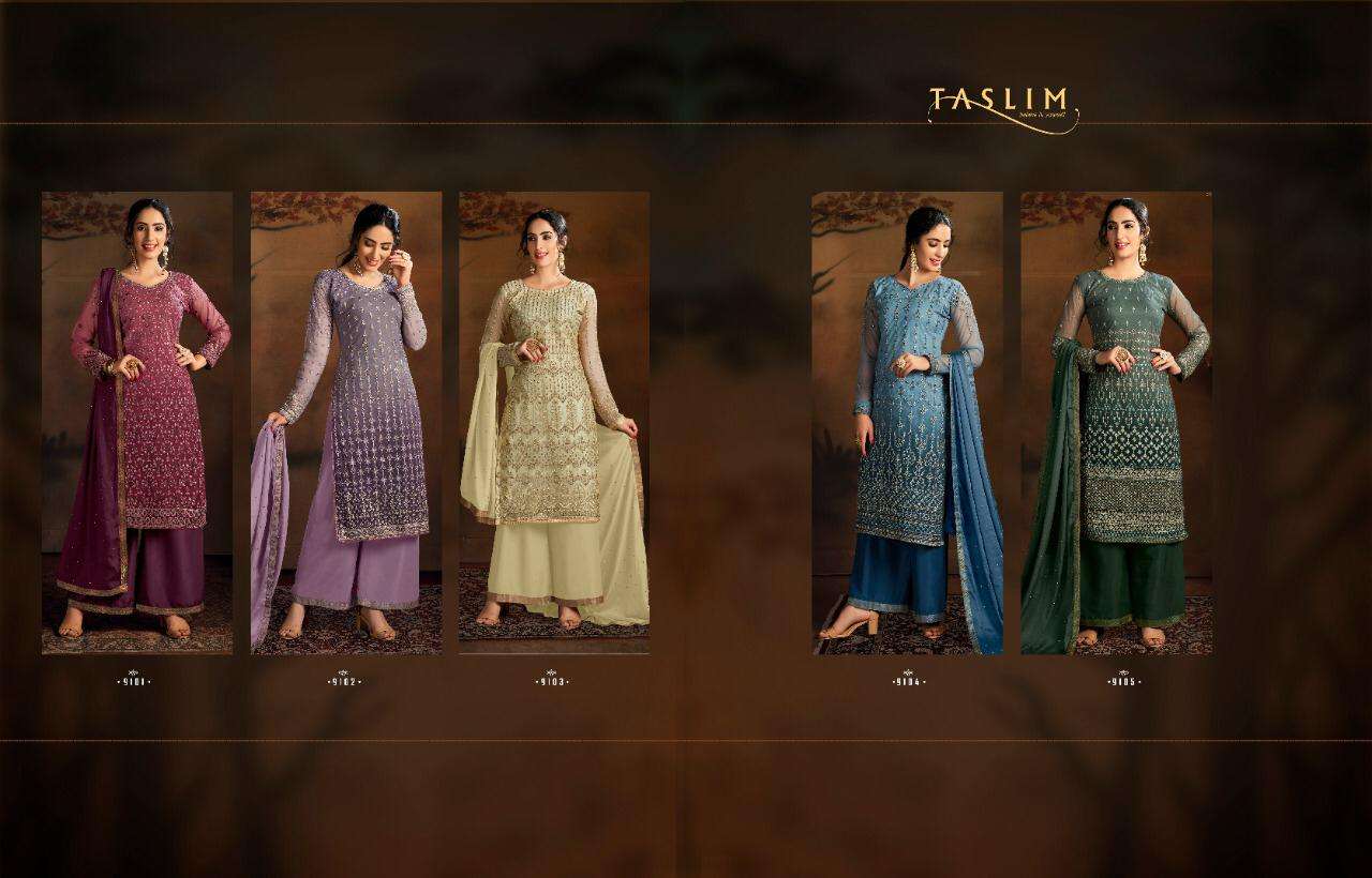 NAZAKAT BY TASLIM 9101 TO 9105 SERIES BEAUTIFUL SHARARA SUITS STYLISH FANCY COLORFUL PARTY WEAR & ETHNIC WEAR BUTTERFLY NET WITH HEAVY EMBROIDERY DRESSES AT WHOLESALE PRICE