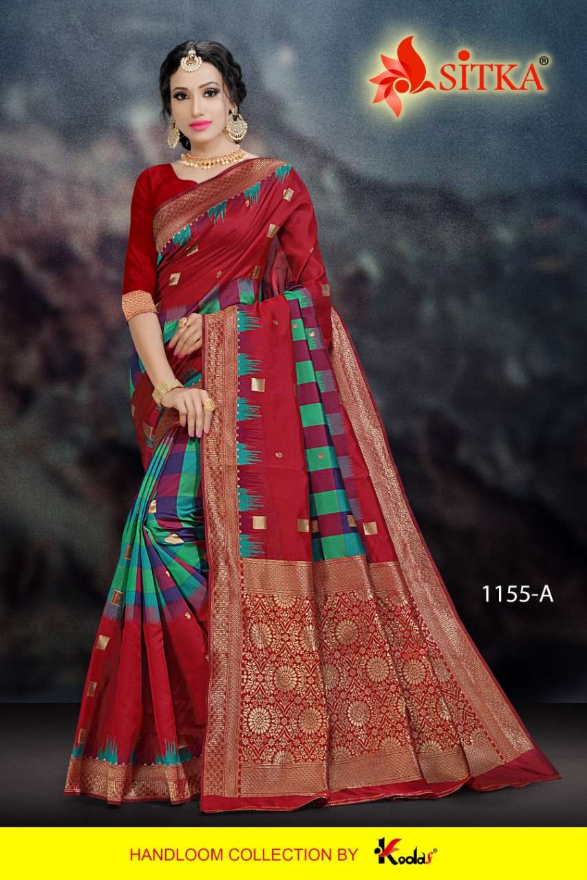 MANIKARNIKA 1115 SERIES BY SITKA 1115-A TO 1115-D SERIES INDIAN TRADITIONAL WEAR COLLECTION BEAUTIFUL STYLISH FANCY COLORFUL PARTY WEAR & OCCASIONAL WEAR COTTON SILK SAREES AT WHOLESALE PRICE