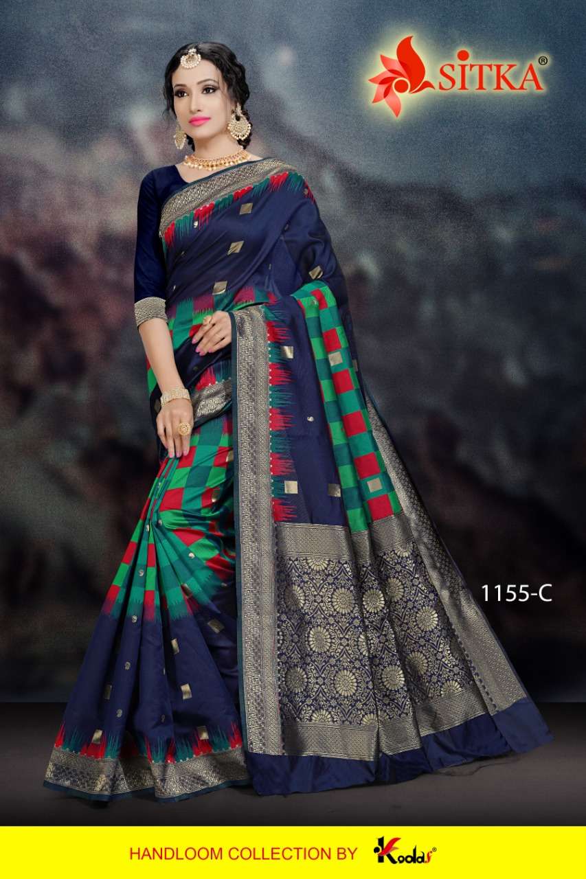 MANIKARNIKA 1115 SERIES BY SITKA 1115-A TO 1115-D SERIES INDIAN TRADITIONAL WEAR COLLECTION BEAUTIFUL STYLISH FANCY COLORFUL PARTY WEAR & OCCASIONAL WEAR COTTON SILK SAREES AT WHOLESALE PRICE