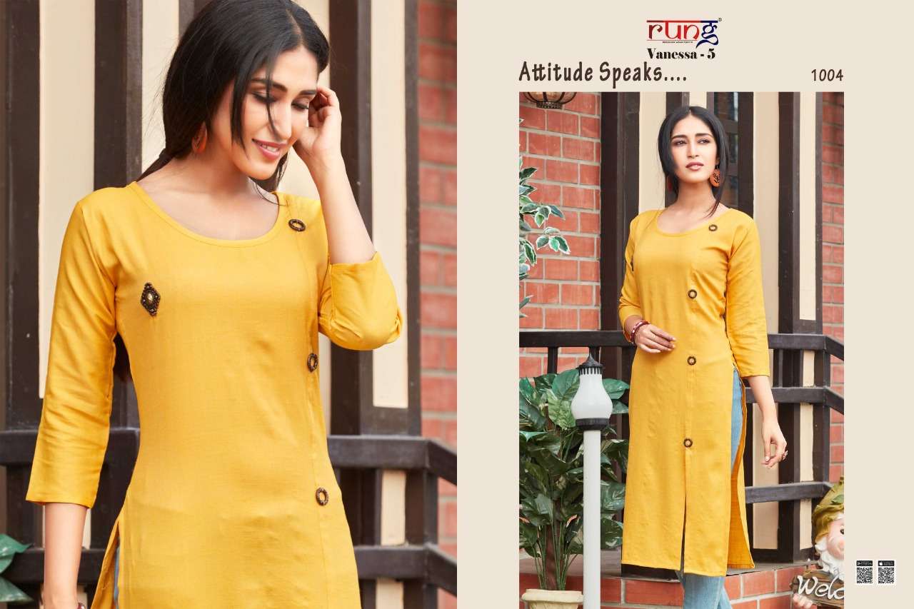 VANESSA VOL-5 BY RUNG 1001 TO 1010 SERIES BEAUTIFUL STYLISH FANCY COLORFUL CASUAL WEAR & ETHNIC WEAR RAYON TWO TONE KURTIS AT WHOLESALE PRICE