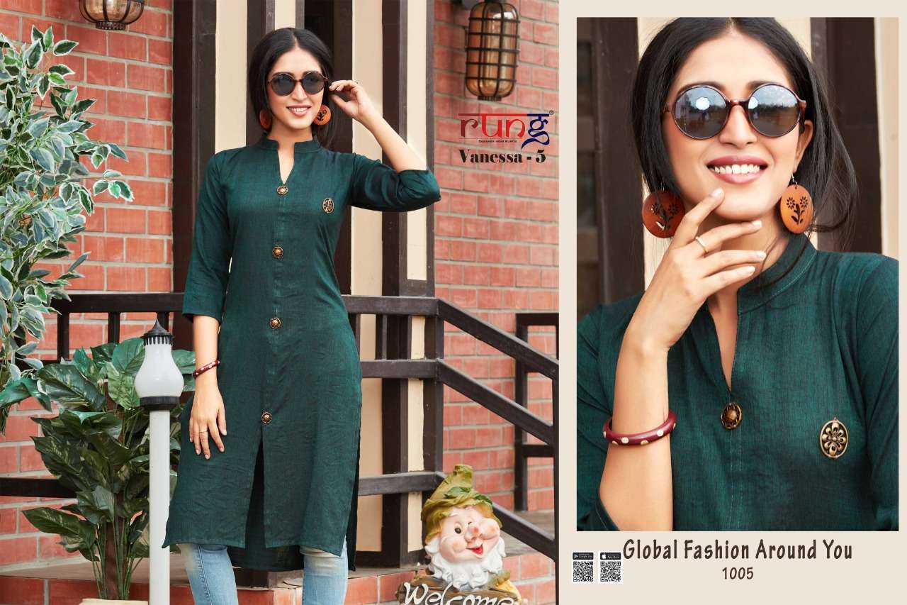 VANESSA VOL-5 BY RUNG 1001 TO 1010 SERIES BEAUTIFUL STYLISH FANCY COLORFUL CASUAL WEAR & ETHNIC WEAR RAYON TWO TONE KURTIS AT WHOLESALE PRICE
