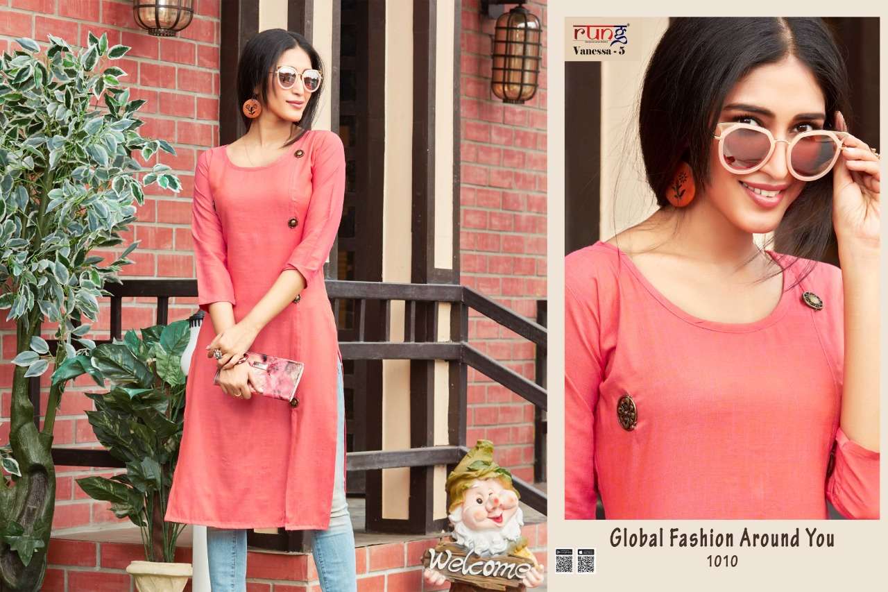 VANESSA VOL-5 BY RUNG 1001 TO 1010 SERIES BEAUTIFUL STYLISH FANCY COLORFUL CASUAL WEAR & ETHNIC WEAR RAYON TWO TONE KURTIS AT WHOLESALE PRICE