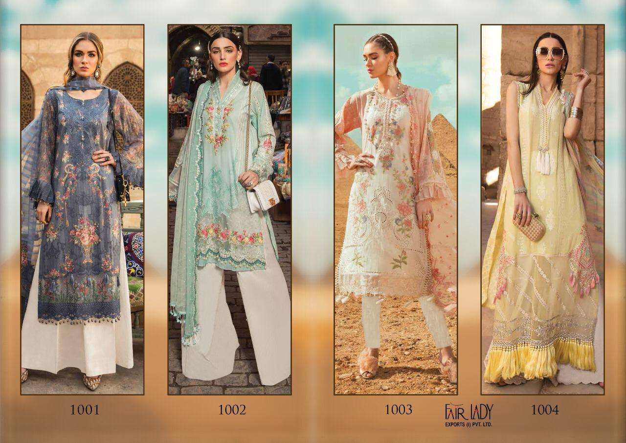 MARIA.B.LAWN BY FAIR LADY 1001 TO 1004 SERIES DESIGNER PAKISTANI SUITS BEAUTIFUL STYLISH FANCY COLORFUL PARTY WEAR & OCCASIONAL WEAR JAM SATIN WITH EMBROIDERY DRESSES AT WHOLESALE PRICE