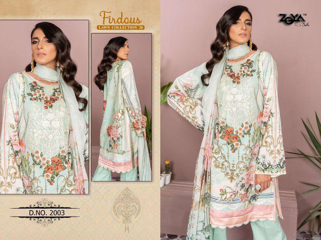 FIRDOUD LAWN COLLECTION 20 BY ZOYA SUITS 2001 TO 2005 SERIES PAKISTANI SUITS BEAUTIFUL FANCY COLORFUL STYLISH PARTY WEAR & OCCASIONAL WEAR JAM COTTON PRINTED WITH EMBROIDERY DRESSES AT WHOLESALE PRICE
