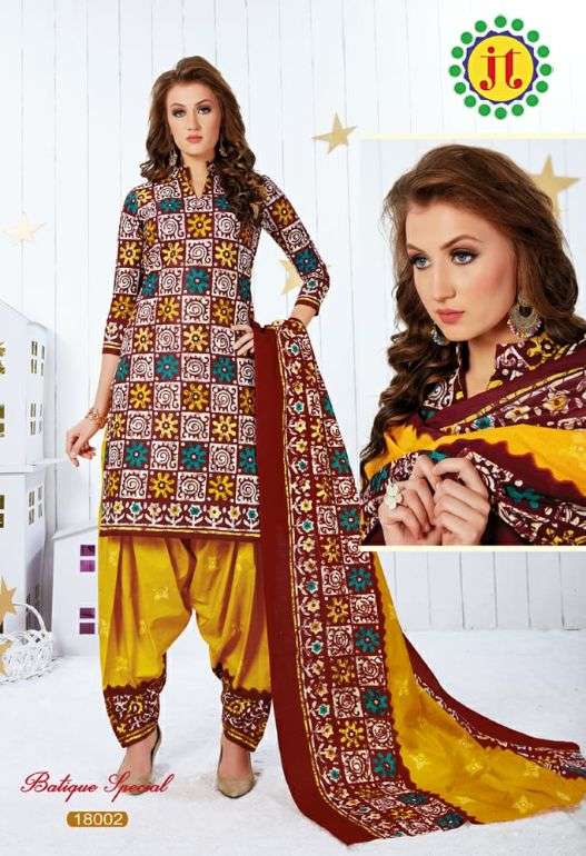 BATIQUE SPECIAL BY JT 18001 TO 18012 SERIES BEAUTIFUL SUITS STYLISH FANCY COLORFUL PARTY WEAR & OCCASIONAL WEAR PURE COTTON PRINTED DRESSES AT WHOLESALE PRICE