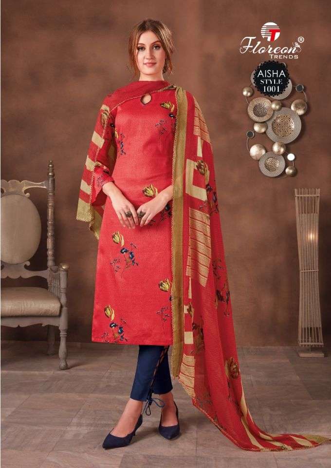 AISHA BY FLOREON TRENDS 1001 TO 1010 SERIES BEAUTIFUL SUITS STYLISH FANCY COLORFUL PARTY WEAR & OCCASIONAL WEAR HEAVY GLAZE COTTON SATIN PRINTED DRESSES AT WHOLESALE PRICE