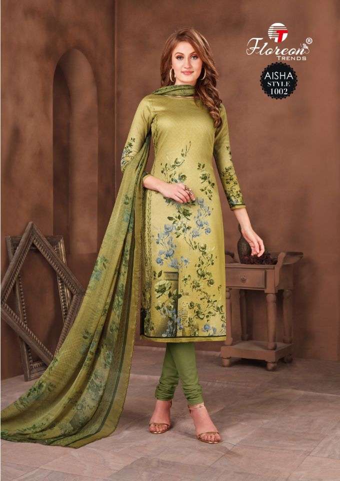 AISHA BY FLOREON TRENDS 1001 TO 1010 SERIES BEAUTIFUL SUITS STYLISH FANCY COLORFUL PARTY WEAR & OCCASIONAL WEAR HEAVY GLAZE COTTON SATIN PRINTED DRESSES AT WHOLESALE PRICE