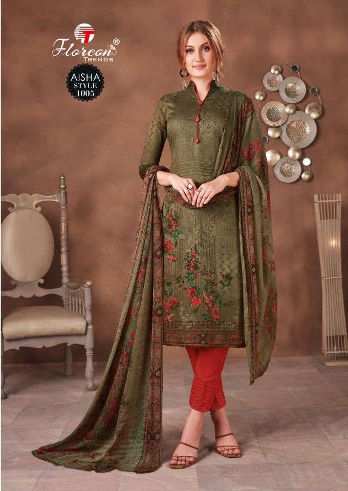 AISHA BY FLOREON TRENDS 1001 TO 1010 SERIES BEAUTIFUL SUITS STYLISH FANCY COLORFUL PARTY WEAR & OCCASIONAL WEAR HEAVY GLAZE COTTON SATIN PRINTED DRESSES AT WHOLESALE PRICE