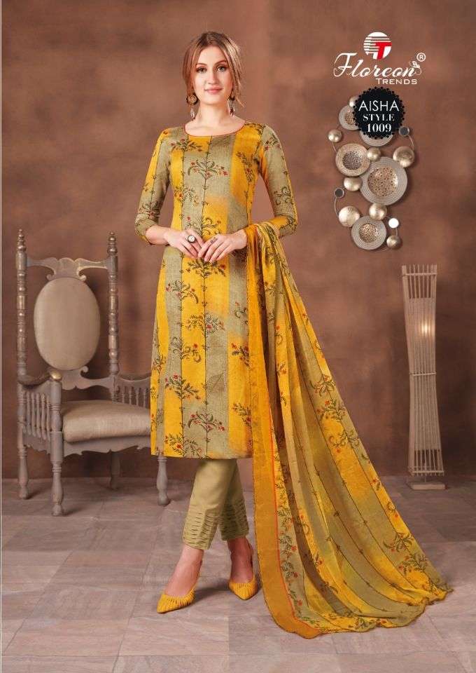 AISHA BY FLOREON TRENDS 1001 TO 1010 SERIES BEAUTIFUL SUITS STYLISH FANCY COLORFUL PARTY WEAR & OCCASIONAL WEAR HEAVY GLAZE COTTON SATIN PRINTED DRESSES AT WHOLESALE PRICE