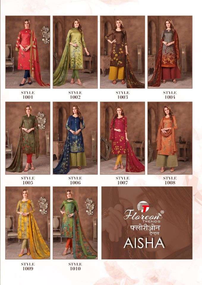 AISHA BY FLOREON TRENDS 1001 TO 1010 SERIES BEAUTIFUL SUITS STYLISH FANCY COLORFUL PARTY WEAR & OCCASIONAL WEAR HEAVY GLAZE COTTON SATIN PRINTED DRESSES AT WHOLESALE PRICE