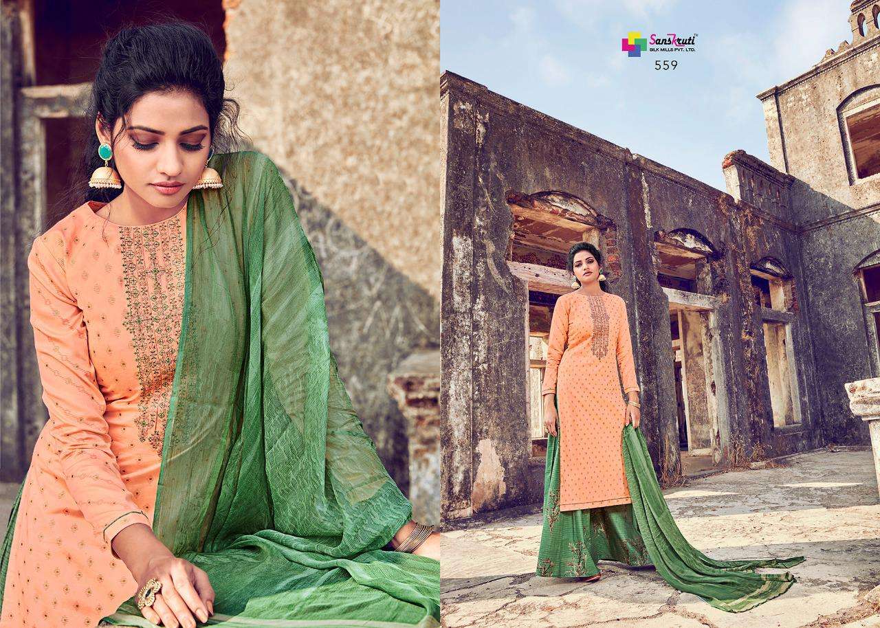 BEENISH BY SANSKRUTI SILK MILLS 555 TO 564 SERIES BEAUTIFUL STYLISH SHARARA SUITS FANCY COLORFUL CASUAL WEAR & ETHNIC WEAR & READY TO WEAR PURE AZ COTTON FINE JAM SILK DIGITAL PRINTING DRESSES AT WHOLESALE PRICE