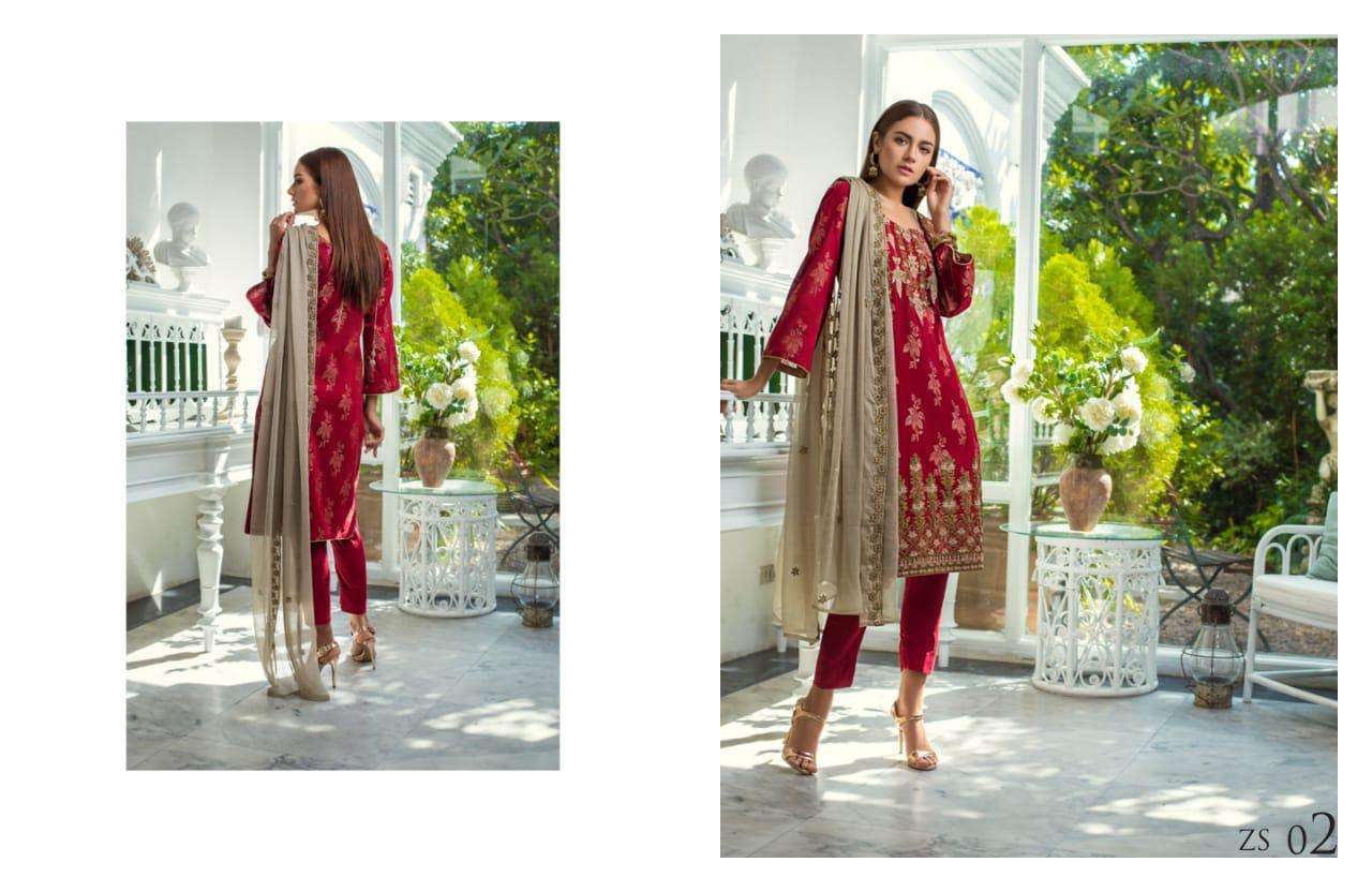 JAIPUR JACQUARD BY ZS TEXTILE 01 TO 08 SERIES BEAUTIFUL SUITS STYLISH FANCY COLORFUL PARTY WEAR & OCCASIONAL WEAR JAIPUR JACQUARD EMBROIDERED DRESSES AT WHOLESALE PRICE
